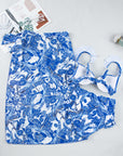 Blue 3pcs Flower Print Ruffled Bikini Set with Cover Up Skirt