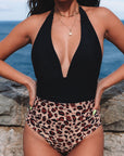 Black Leopard Colorblock Deep V Neck Halter One Piece Swimsuit