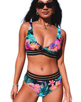 Green Tropical Floral Print Mesh Splicing Trim Bikini Swimsuit