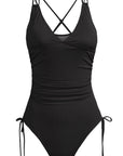 Black Adjustable Straps Ribbed Knit Backless One Piece Swimsuit