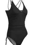 Black Adjustable Straps Ribbed Knit Backless One Piece Swimsuit