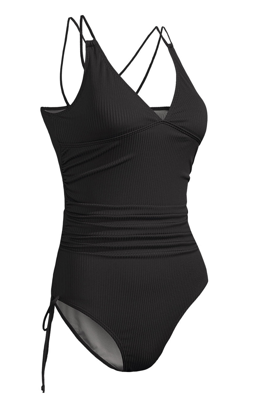 Black Adjustable Straps Ribbed Knit Backless One Piece Swimsuit