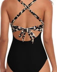 Black Leopard Print V Neck Colorblock One Piece Swimsuit