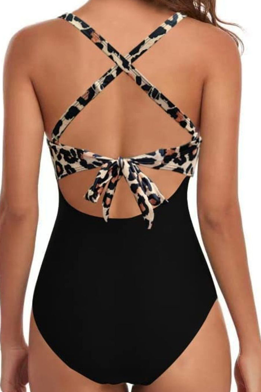 Black Leopard Print V Neck Colorblock One Piece Swimsuit