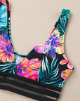 Green Tropical Floral Print Mesh Splicing Trim Bikini Swimsuit