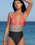 Multicolor Floral Leopard Halter Backless One Piece Swimsuit