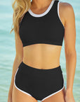 Black Contrast Trim Active Bikini Swimsuit