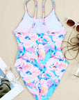 Pink Floral Print Knot High Waist One Piece Swimsuit