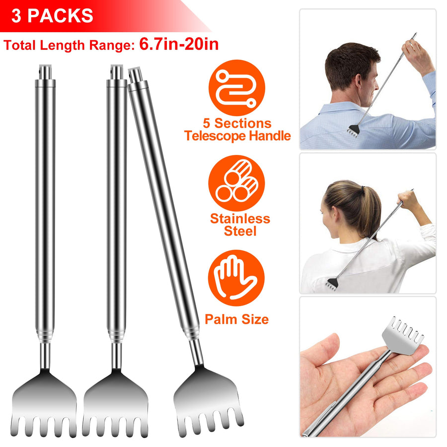 3pcs 20" Telescopic Back Scratcher Stainless Steel Extendable Bear Eagle Claw Massager