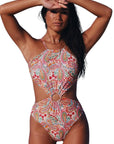 Multicolor Floral Print Lace Up Backless Monokini  Stylish Swimwear for Beach and Pool