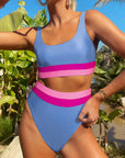 Light Blue Colorblock High Waisted Bikini Swimsuit