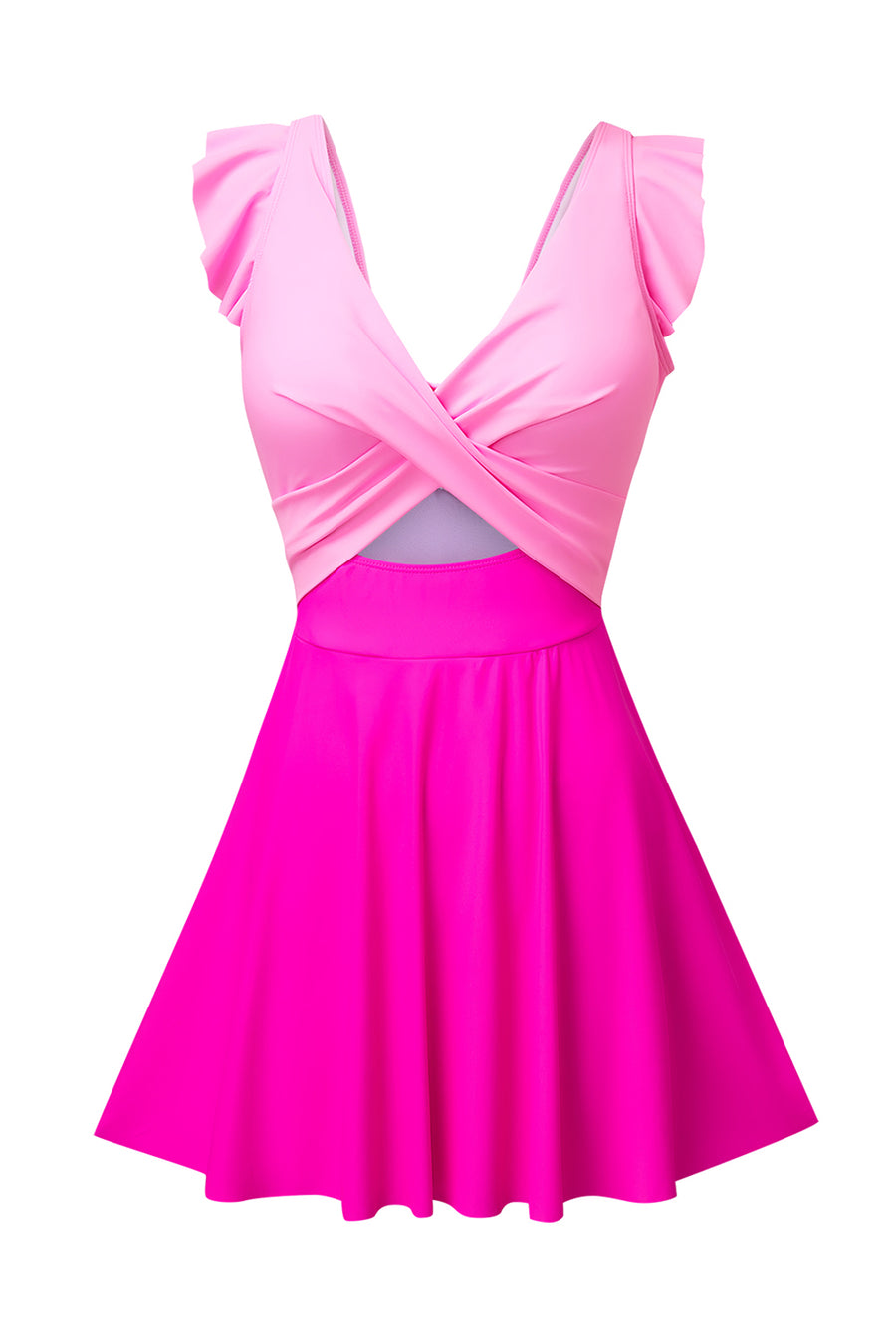 Bright Pink Cut Out Ruffle Crossed One Piece Swimdress