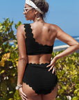 Black Sexy Scalloped Trim Asymmetrical Neck High Waist Bikini Set