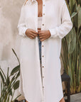 White Stylish Striped Button Up Long Sleeve Swimsuit Size Cover Up Salt White