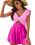 Bright Pink Cut Out Ruffle Crossed One Piece Swimdress