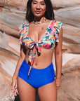 Dark Blue Sexy Deep V Neck Tie Ruffles High Waisted Bikini Set- Free Shipping