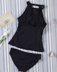 Black Cutout Mesh Ruched Tankini Swimsuit