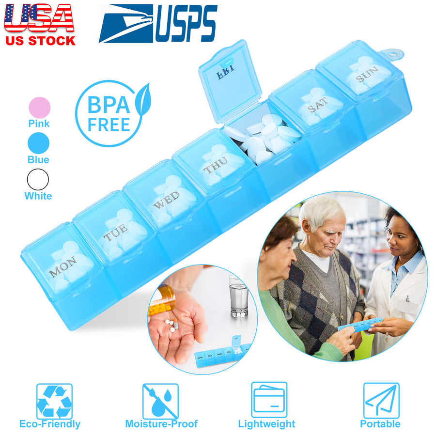 Weekly Pill Organizer 7 Day Pill Planner BPA Free Pill Box Case with 7 Compartments for Vitamins Medication Supplements