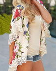 Beige Floral Print Scalloped Lace Splicing Kimono