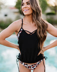 Black Sexy Leopard Colorblock Spaghetti Blouson Tankini Set