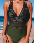 Army Green Camo Patchwork Deep V Neck One Piece Swimsuit