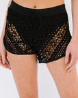 Black Hollow Out Lace Overlay Swim Shorts