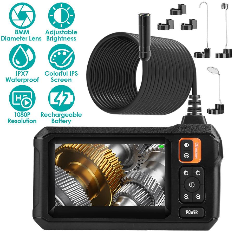 Industrial Endoscope Camera 1080P 4.3In Colorful IPS Screen 8mm IPX7 Waterproof Digital Snake Camera with 8Pcs LED Lights Inspection Camera with 16.4F