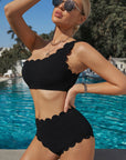 Black Sexy Scalloped Trim Asymmetrical Neck High Waist Bikini Set