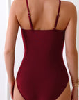 Burgundy Spaghetti Straps Metal V Decor One-Piece Swimsuit