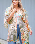 Green Floral Geometric Print Open Front Plus Size Cover-up