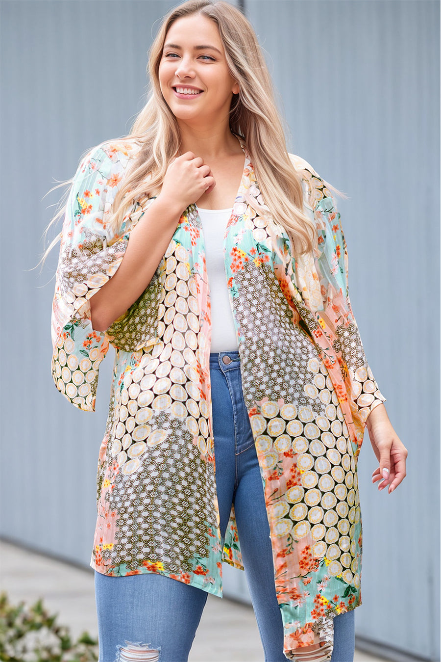 Green Floral Geometric Print Open Front Plus Size Cover-up