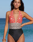 Multicolor Floral Leopard Halter Backless One Piece Swimsuit