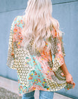 Green Floral Geometric Print Open Front Plus Size Cover-up