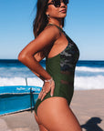 Army Green Camo Patchwork Deep V Neck One Piece Swimsuit