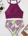 Brown Tropical Print Back Split Color Block High Waisted Swimsuit