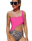 Rose Leopard Patchwork Asymmetric One Piece Swimsuit