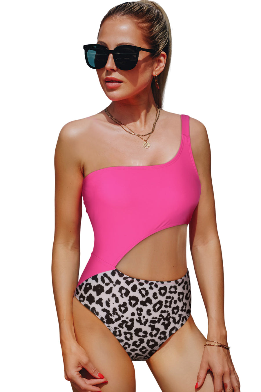 Rose Leopard Patchwork Asymmetric One Piece Swimsuit