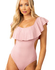 Pink Ruffle Overlapping Backless One Piece Swimwear