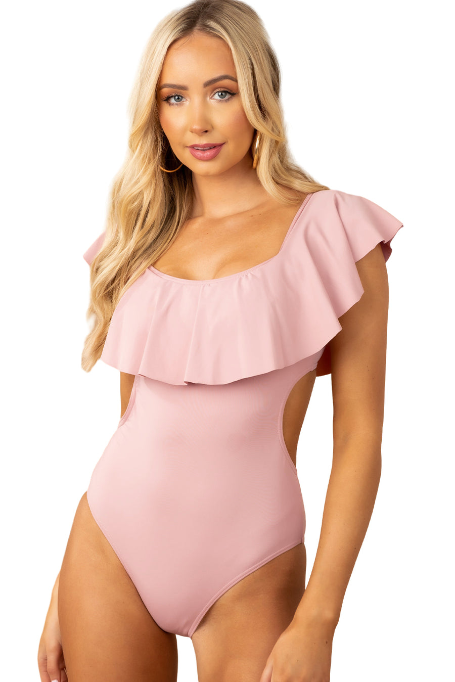 Pink Ruffle Overlapping Backless One Piece Swimwear