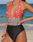 Multicolor Floral Leopard Halter Backless One Piece Swimsuit