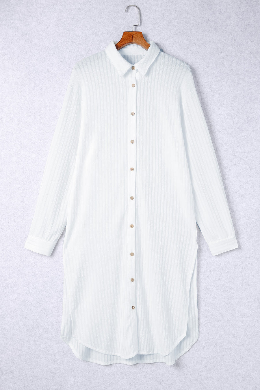 White Stylish Striped Button Up Long Sleeve Swimsuit Size Cover Up Salt White