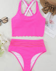 Pink Scalloped Sleeveless High Waisted Two Piece Swimsuit