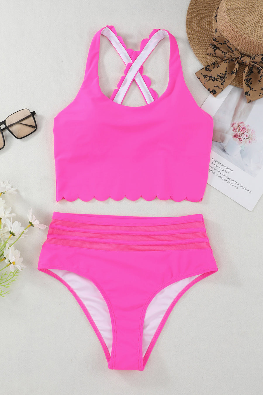 Pink Scalloped Sleeveless High Waisted Two Piece Swimsuit