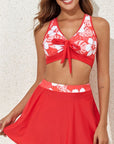 Fiery Red 3pcs Flower Printed Crossed Top and A Line Skirt Bikini Set