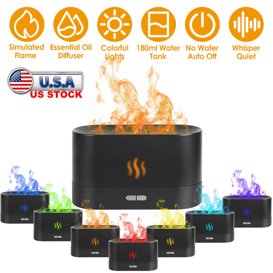 3D Flame Air Humidifier Essential Oil Ultrasonic Aroma Diffuser Bedroom Mist Home Spa Yoga Office Relax Colorful Lights with No Water Auto off Protect