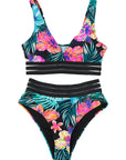 Green Tropical Floral Print Mesh Splicing Trim Bikini Swimsuit