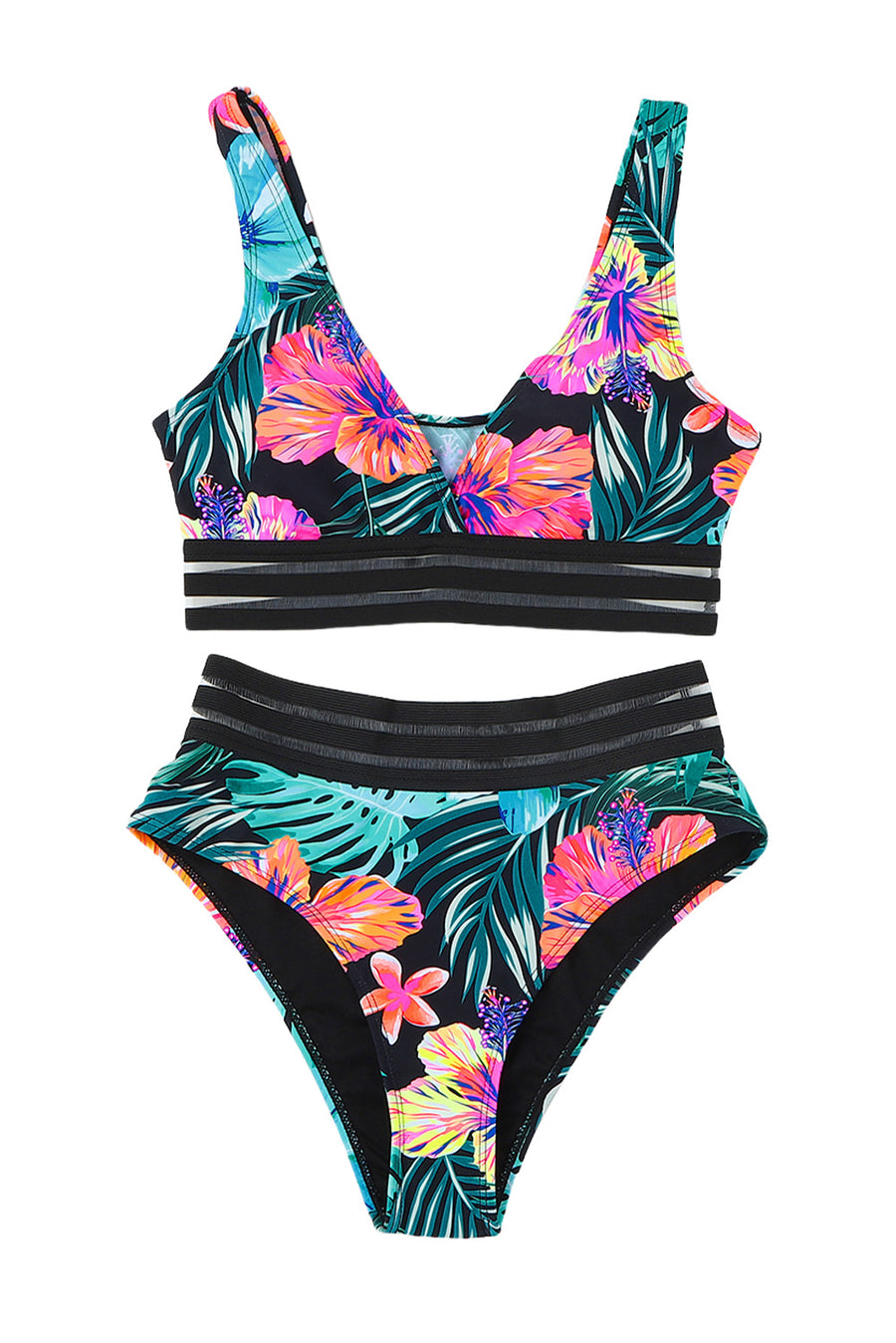 Green Tropical Floral Print Mesh Splicing Trim Bikini Swimsuit