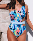 Light Blue Sexy Asymmetric Cutout Belted One Piece Swimsuit