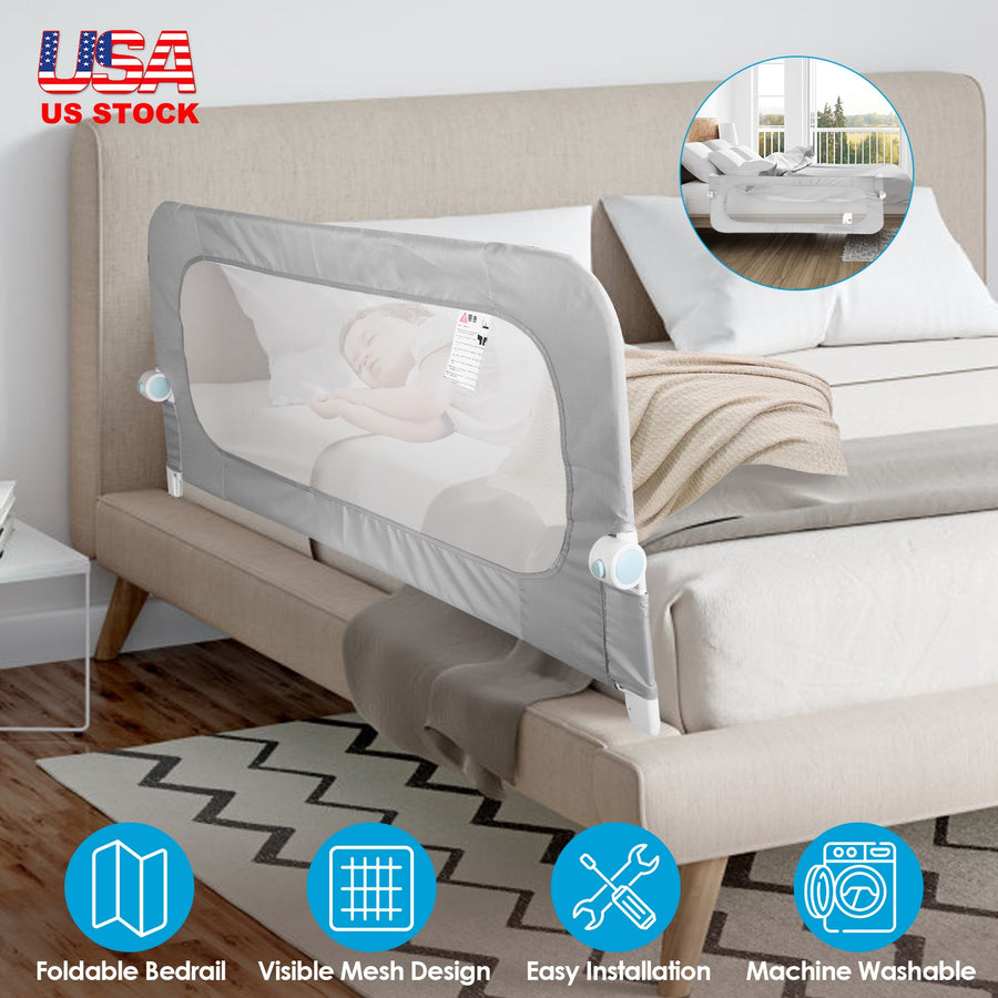 57.48IN Extra Long Toddler Bed Rail Guard Foldable Mesh Safety Kid Bedrail For Queen King Twin Full Size Bed Grey