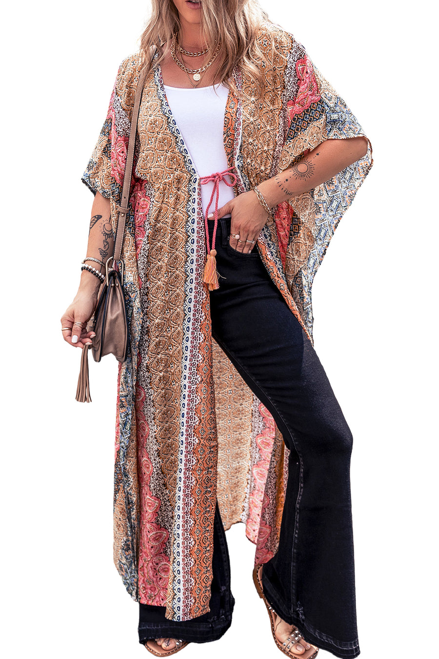 Women's Pink Boho Print Tassel Tie Duster Cover-up Summer Bathing Suits